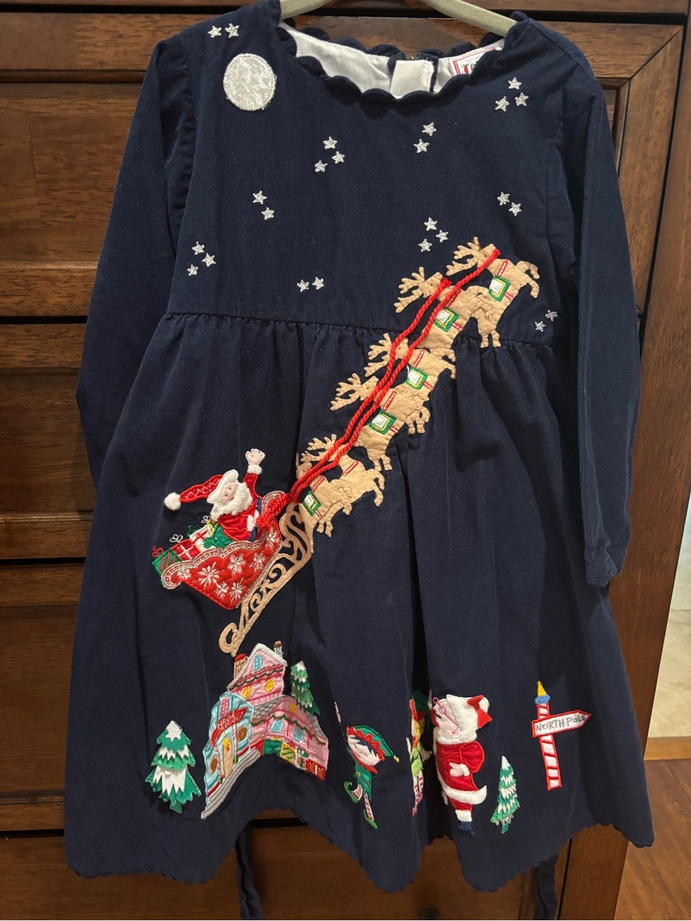 Cotton Kids Navy Holiday Corduroy Dress with Santa Sleigh